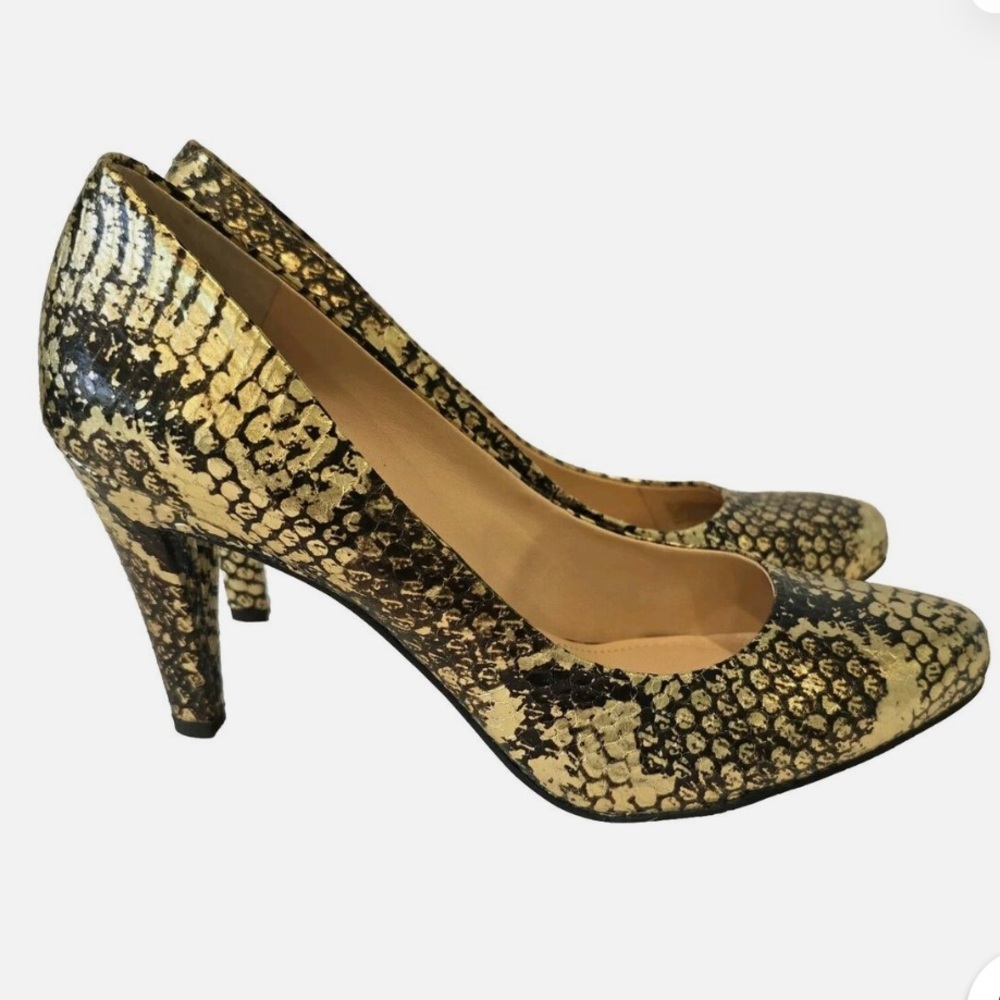 Vince Camuto Snake Print Heels - Black and Gold